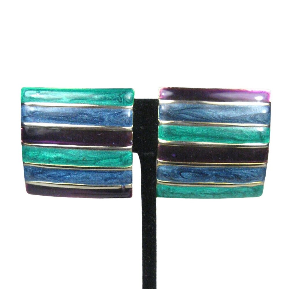 Jay Feinberg Earrings CLIP ON Silvertone Vintage Circa 1980 Enamel Green Stripe